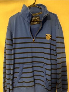 American Eagle Outfitters Blue and Black Striped Quarter-Zip Pullover